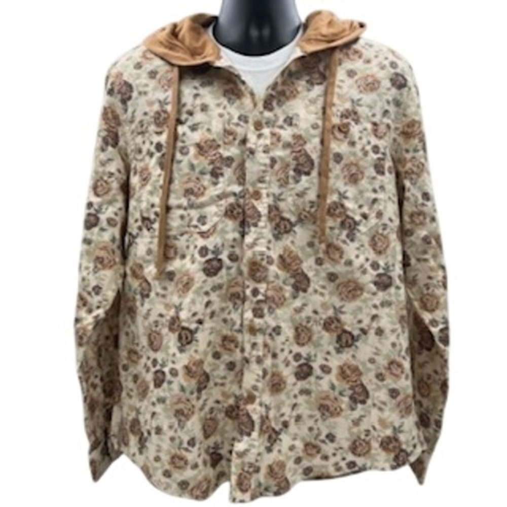 Original Use‎ Mens Khaki Floral Hooded Button Down Shirt Long Sleeve Large NEW
